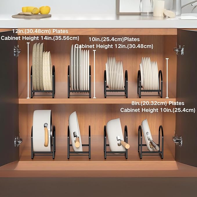 4 Pack Kitchen Plate Holder Organizer for Cabinet Space Saver Dinner Dish Plate Storage Rack Upright Dish Drying Racks Metal Dish Racks Stand for Cupboard and Countertop 2 Large 2 Small Black