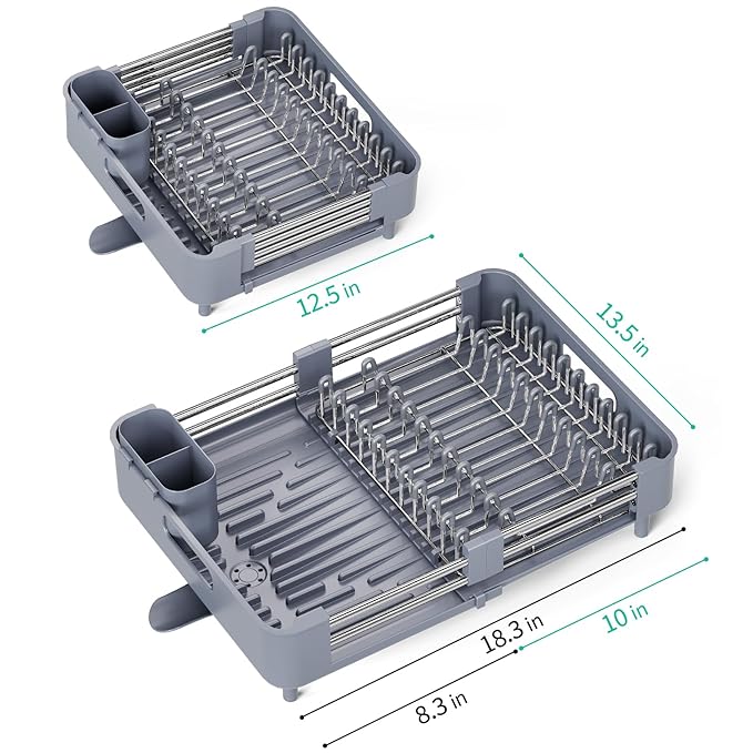 Dish Drying Rack for Kitchen Counter, Extendable Dish Rack with Drainboard, Expandable Dish Drainer, Collapsible Dish Strainer with Cutlery Holder, Foldable Home Countertop Plate Storage Rack, Gray