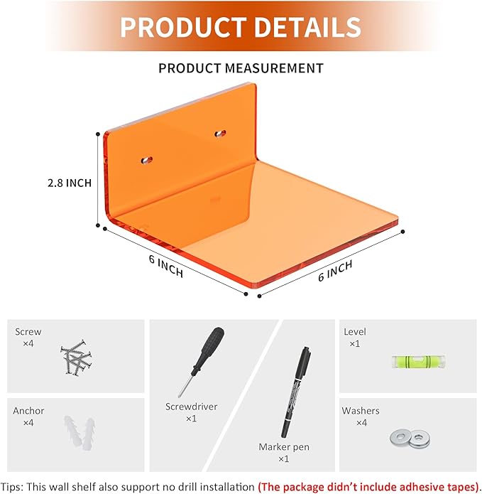 6 Inches Small Orange Wall Shelves Set of 2, Wall Mounted Display Shelf Rack for Bedroom, Living Room, Smart Speaker, Clock, Decoration, 2 Pack-NeatNest