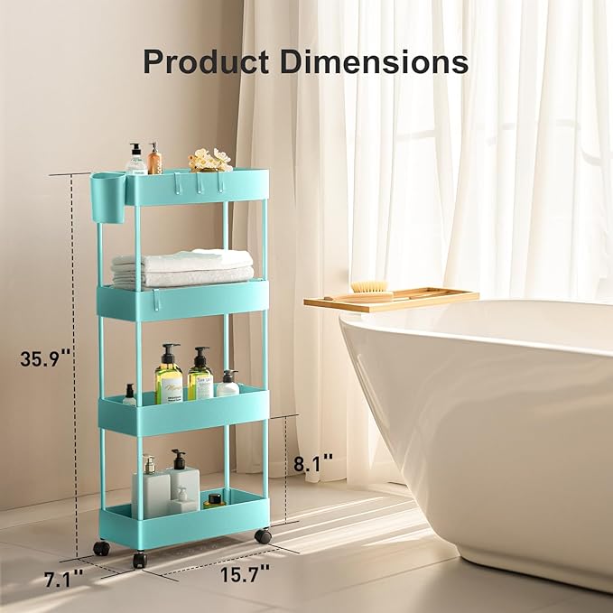 Pipishell Slim Storage Cart with Wheels, 4 Tier Bathroom Storage Organizer Rolling Utility Cart for Bathroom Kitchen Laundry Room Office Narrow Place (Turquoise)-NeatNest