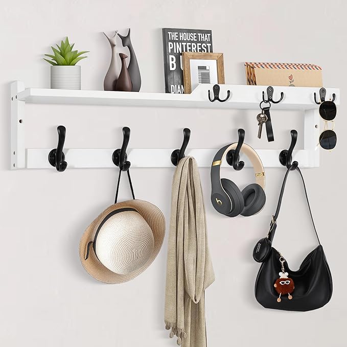 29'' Coat Rack Wall Mount with Shelf, Coat Hanger Wall Mount with Key Hooks and Mail Holder, Wood Entryway Floating Shelf with Hooks and Storage, Hat Rack for Wall Key Holder Mail Organizer