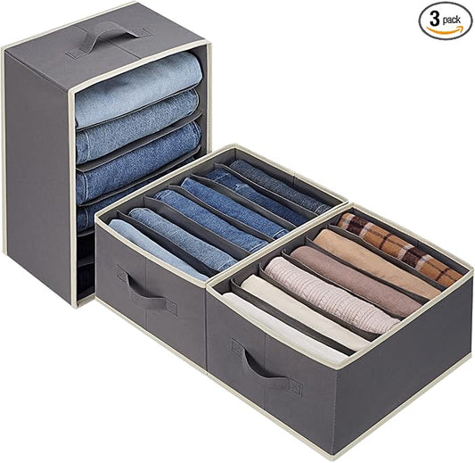 3 Pcs Large Size Wardrobe Clothes Organizers 6 Grids for Pants, Jeans, Sweater, T-shirt, Dress Stackable Closet Drawer Organizer Storage Bin Container with Sturdy Handles, Dark Grey-NeatNest