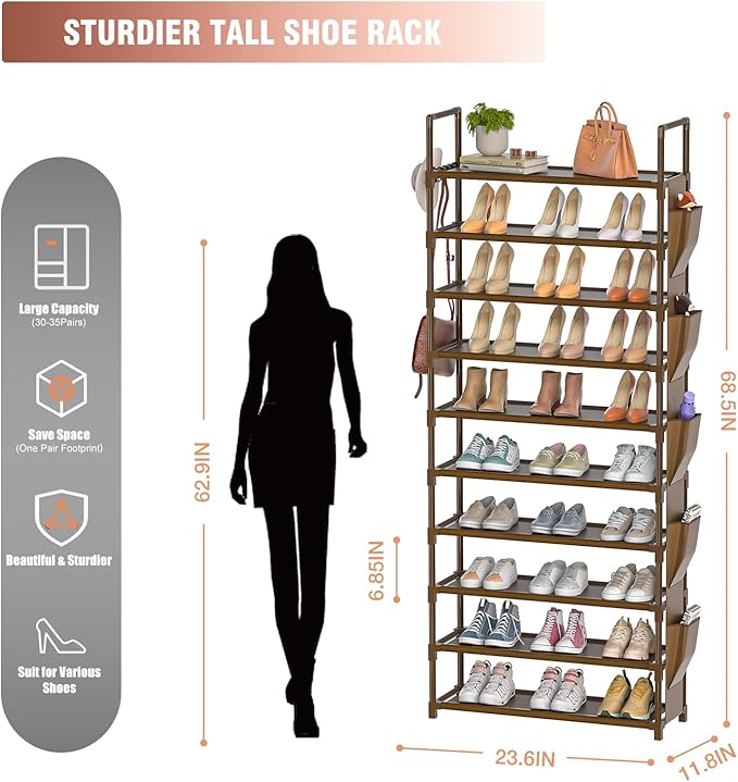 Tall Shoe Rack - 10 Tier Organizer for Closet, 30-35 Pairs, Large Capacity with 5 Hooks and Side Pocket, Sturdy Metal Shoe Shelf, Vertical Shoe Stand Tower-NeatNest