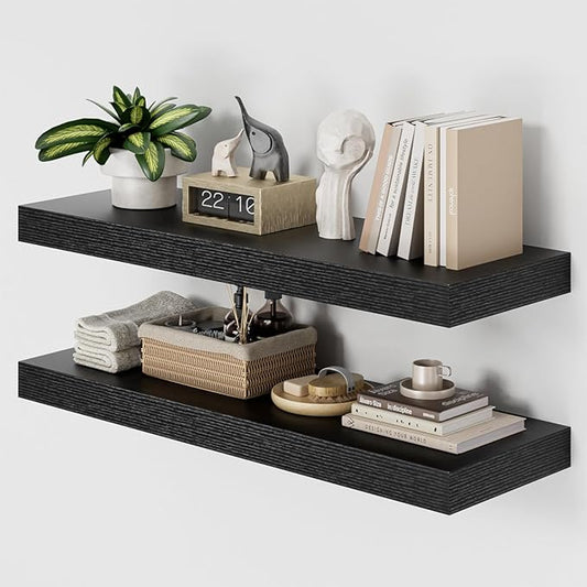 Heimlove 36 Inch Long Floating Shelf for Wall, 12" Deep Black Floating Shelves Wall Shelves for Bedroom Living Room Bedroom, Wall Mounted Shelves for Storage Book Decor, Set of 2-NeatNest