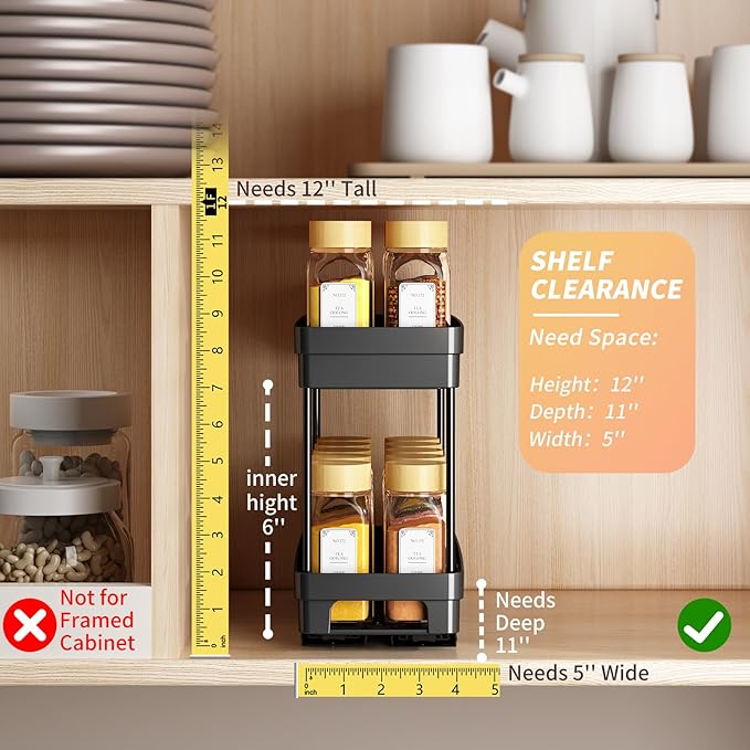 2 Pack Pull Out Spice Rack Organizer for Cabinet, Slide Out Spice Racks Organizer, Spice Cabinet Organizers, Cabinet Size Need:12'' Highx11'' Deepx5'' Wide,Hold 10 Spice Jar Each Tier-2Tier, Black-NeatNest