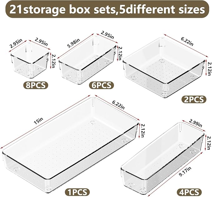 21 PCS Clear Plastic Drawer Organizer Set, 5 Sizes Acrylic Drawer Storage Trays Non Slip Storage Bins for Makeup, Jewelry, Gadgets for Kitchen, Bedroom, Bathroom, Office-NeatNest