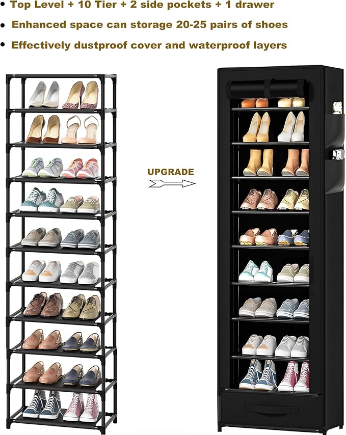 Shoes Rack 10 Tier Tall Shoe Rack Narrow Shoe Rack with Storage Box,Fabric Covered Metal Shoe Rack Organizer for Closets-NeatNest