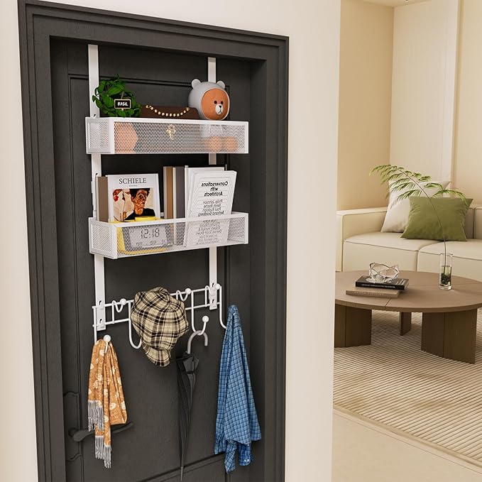 HapiRm Over The Door Organizer with Coat Hooks and 2 Baskets, Stainless Steel Rustproof Over The Door Hanger Hooks for Bathroom, Kitchen, Bedroom-White (for 1.76in Doors)