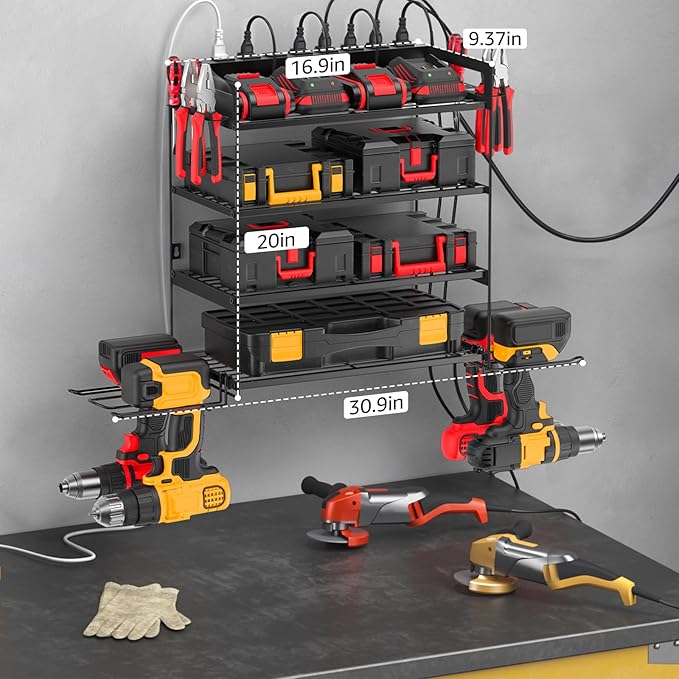 CCCEI Garage Tools Storage with Charging Station. Power Tool Battery Organizer Utility Shelf with Power Strip. 4 Drills Holder Wall Mount Rack, Black 4 Layer.-NeatNest