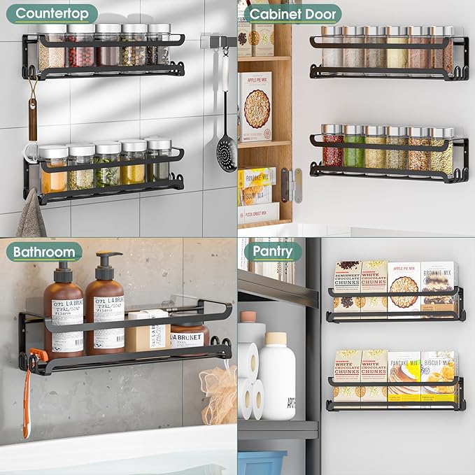 LUCYCAZ 6 Pack Wall Mounted Spice Rack with 22 Hooks, Spice Organizer Shelf for Stove Cabinet Pantry Door,Screw or Adhesive Spice Shelf Hanging Wall Spice Rack in Kitchen and RV (Black, 6 PACK)
