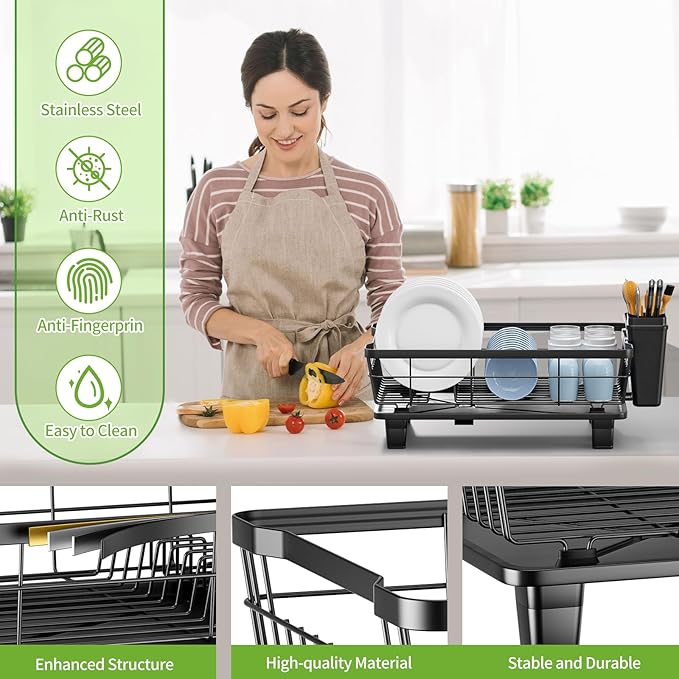 Small Dish Drying Rack, Space Saving Dish Racks for Kitchen Counter, Kitchen Organizer Dish Drainer with Cutlery Holder for Spoons and Forks, 11''W x 15''L, Black