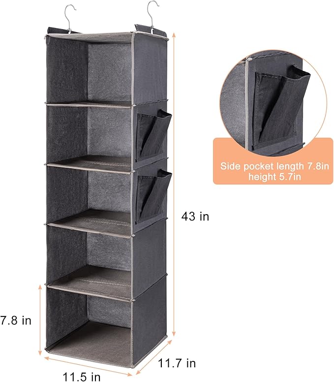 BOOMIBOO Hanging Closet Organize and Shelves，5-Hanging Shelf with 2 Side Pockets，Storage Foldable （Grey）-NeatNest