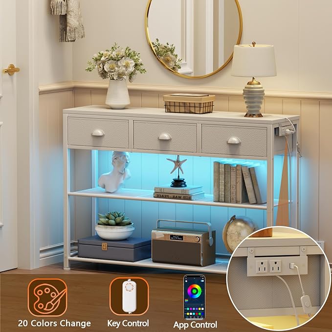 Furologee 38in Console Table with 3 Drawers, Small Sofa Table with Lights and Power Outlets, Hallway Tables with 3-Tier Shelves, White Narrow Console Table for Entryway, Living Room, Couch, Foyer-NeatNest
