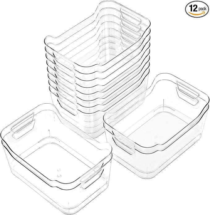 Clear Plastic Storage Bins,12 Pack Pantry Organizers and Storage, Clear Pantry Organizer Bins, Plastic Containers with Handle for Kitchen,Freezer,Cabinet,Closet,Bathroom Under Sink Storage-NeatNest