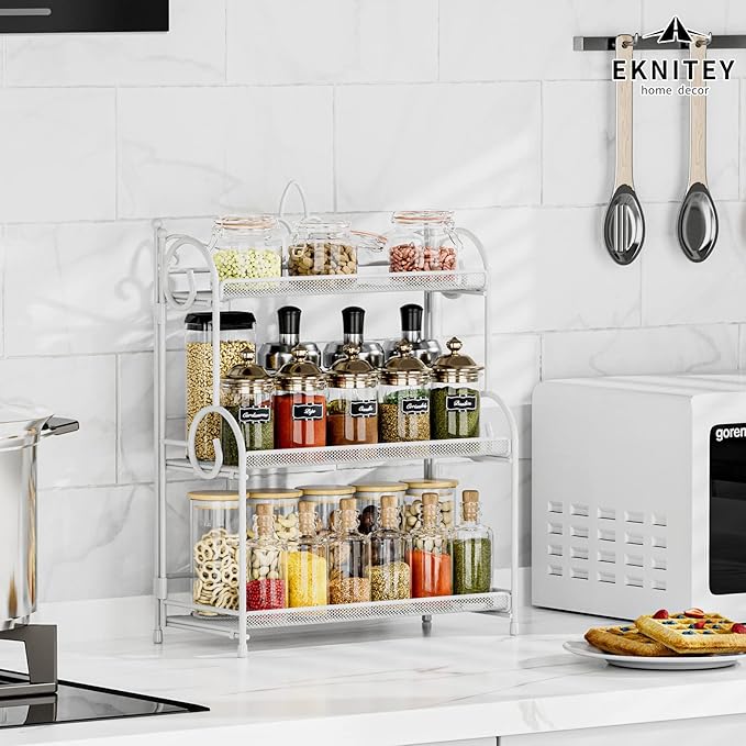 EKNITEY 3-Tier Bathroom Organizer - Sink Organizer Spice Rack for Countertop Storage, White (No Assembly)