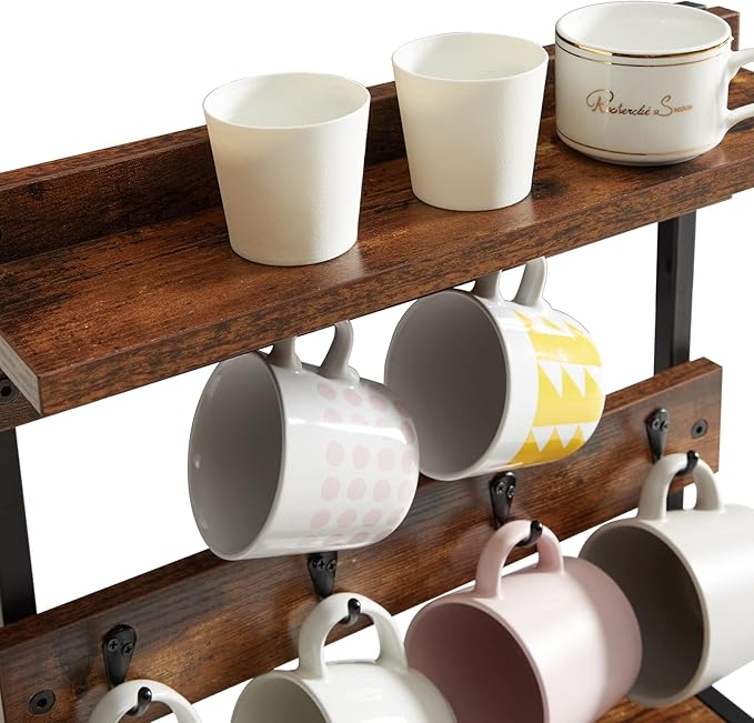 IBUYKE Rustic Coffee Mug Holder Stand, 2 Tier Countertop Mug Tree Holder Rack with Storage Base, Vintage Mug Holders for Kitchen, Holds 8 Mugs, Rustic Brown UTBJ002H-NeatNest