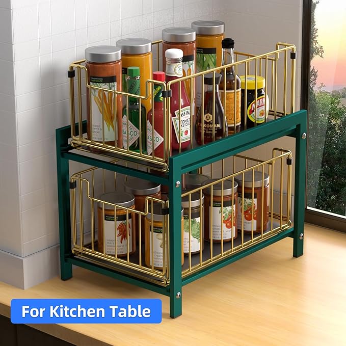 2 Tier Sliding Basket Drawer Organizer, Lxmons Pull Out Under Sink Cabinets Organizers, Metal Home Shelf for Bathroom or Kitchen, Sliding Countertop or Pantry Storage Shelf, Large Gold Green-NeatNest