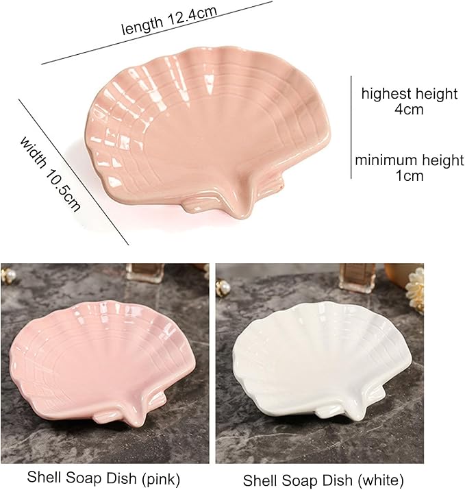 Ceramic Soap Holder, Sea-Shell Soap Tray with Self Draining, Soap Tray for Sink Washroom Bathroom Shower, Small Cute and Elegant Holder with Glaze, Easy Cleaning (Pink)-NeatNest
