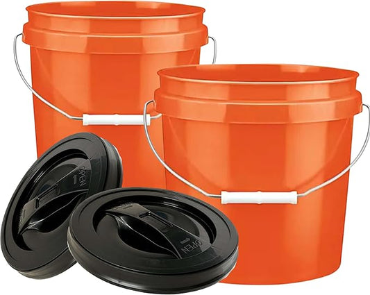 House Naturals 2 Gallon Food Grade Made in USA- BPA Free Bucket Pail Orange with Black Screw On lids (2, Orange & Black lids)