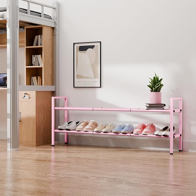 Bumusty 2-Tier Long Expandable Shoe Rack for Closet, 18"-44" Adjustable Shoe Rack for Entryway, 10-12 Pairs Large Shoe Organizer Shelf Storage, Sturdy Metal, Pink-NeatNest