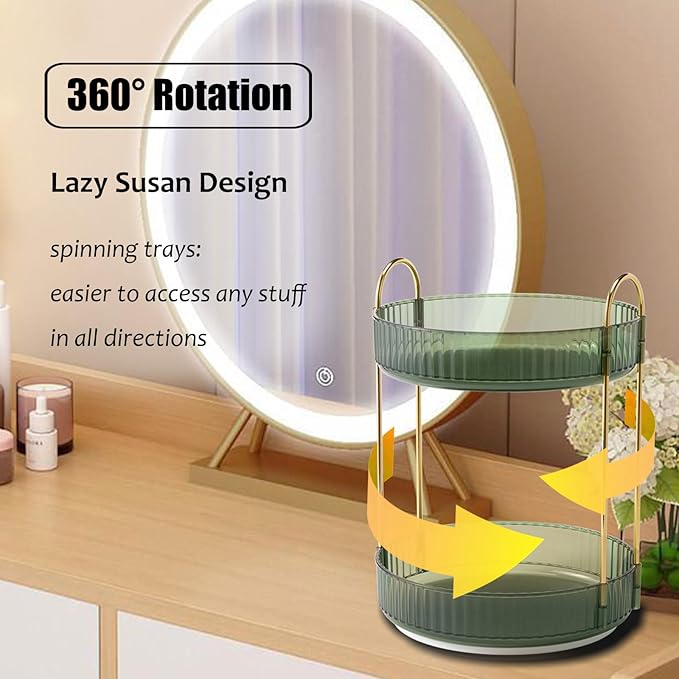 Rotating Makeup Organizer Countertop 2 Tier Lazy Susan Trays Clear Skincare Perfume Storage for Bathroom Counter Vanity, Green Gold-NeatNest