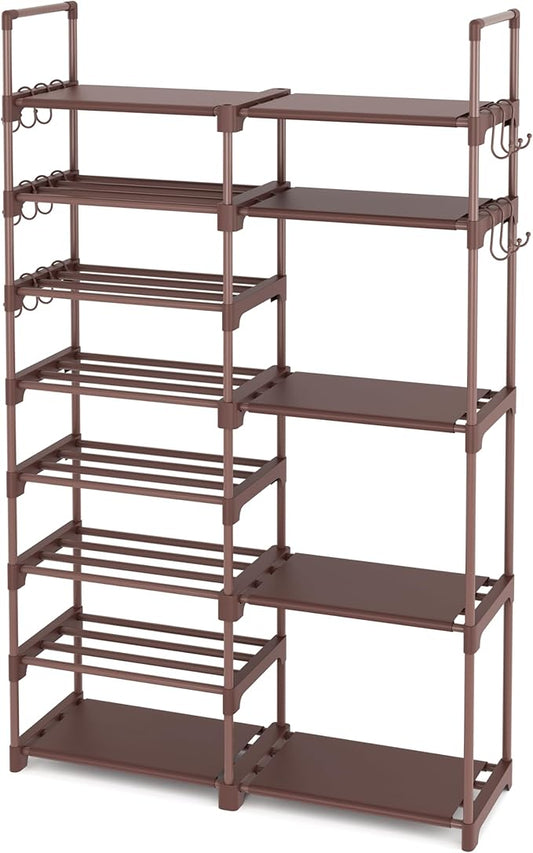 ROJASOP Shoe Rack Organizer, 8-Tier Metal Shoe Rack for Closet Entryway Garage, 26-32 Pairs Tall Shoe Boot Storage Shelf with 15 Hooks, Stackable Large Shoe Stand, Brown-NeatNest