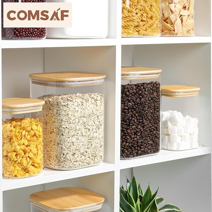 ComSaf 3.6Qt Glass Food Storage Containers, Cereal Storage Containers with Airtight Lids, Large Square Glass Jars with Bamboo Lids, for Rice, Pasta, Oats, Grains, Coffee Beans-NeatNest