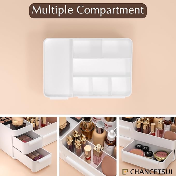 CHANCETSUI Makeup Organizer With Drawers, Makeup Desk Organizer, Bathroom Countertop Organizer for Cosmetics, Vanity Holder for Lipstick, Makeup Brush Holder/Organizer (White)