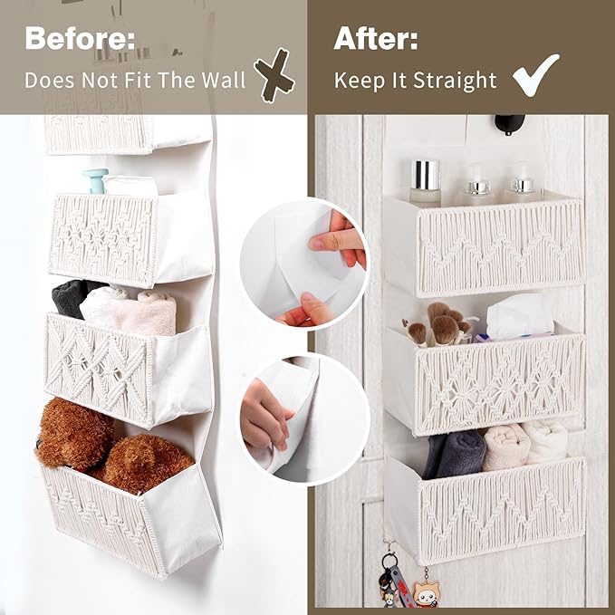 ANTIS'S HOME Over The Door Organizer Boho Bedroom Decor Nursery Storage with 3 Large Woven Pockets, Macrame Nursery Organizers and Toys Storage, Behind Door for Bathroom, Beige Back of Door Organizer-NeatNest