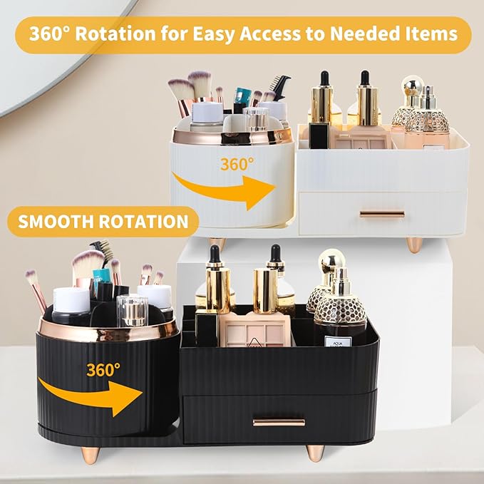 Makeup Organizer Countertop with Drawer 360 Rotating Brush Holder Storage Large Capacity Skincare Cosmetic Display Cases for Vanity Bathroom Desktop, Model 3016 Black-NeatNest