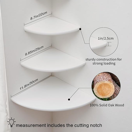 Corner Shelves, Floating Corner Shelf, Set of 3 Solid Oak Wood Corner Wall Shelves, Round End with Wire Hole Shelving for Small Plant for Bedroom Kitchen, Living Room (Size 9/10/12in)-NeatNest