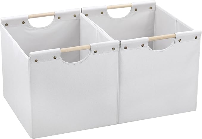 HOONEX Large Collapsible Storage Bins, Linen Fabric, Pack of 2, Storage Baskets with Wooden Carry Handles and Sturdy Heavy Cardboard, for Home, Office, Car, Nursery, White