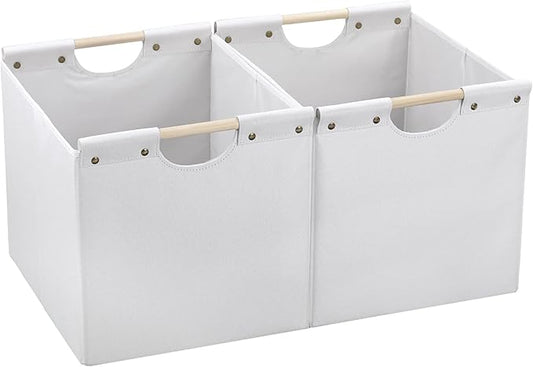 HOONEX Large Collapsible Storage Bins, Linen Fabric, Pack of 2, Storage Baskets with Wooden Carry Handles and Sturdy Heavy Cardboard, for Home, Office, Car, Nursery, White