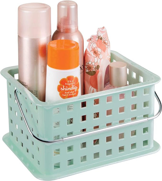 iDesign Spa BPA-Free Plastic Small Stackable Basket with Handle - 9.25" x 7" x 5", Mint-NeatNest