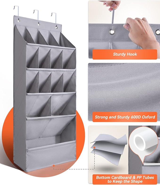 FENTEC 1 Pack Over-the-Door-Shoe-Organizers, Hanging Shoe Organizers with Large Pocket Shoe Holder Hanging Shoe Rack for Closet Shoe Organizer for Wall, Over Door Organizer with 15 Pockets Gray-NeatNest