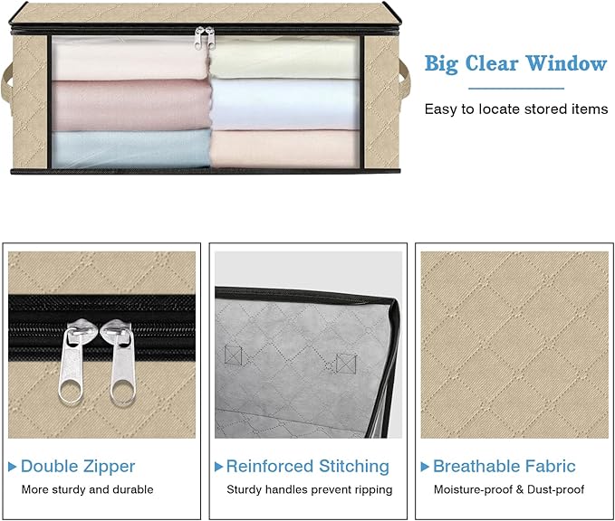 HomeHacks Storage 8-Pack Clothes Organizer Storage Bags Foldable Storage Box with Large Clear Window Sturdy Handles for Closet, Dorm, Pillows, Bedding, Clothes, Blankets, 35L, Beige-NeatNest