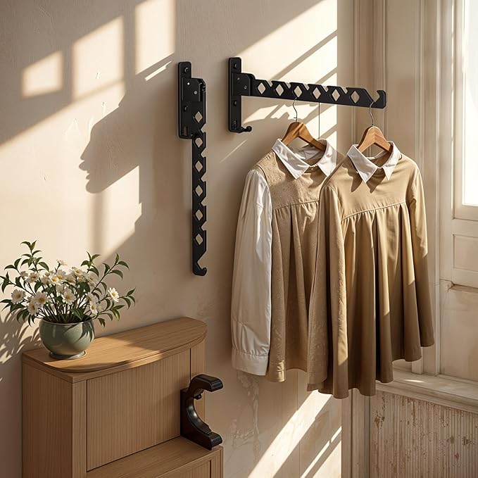 2 Pack Wall Mount Coat Hanger Holder Black Clothes Drying Organizer Rack Garment Hooks Aluminium Retractable Folding Indoor Wall Mounted Hanger Space Saver for Laundry Room Bedroom Black-NeatNest