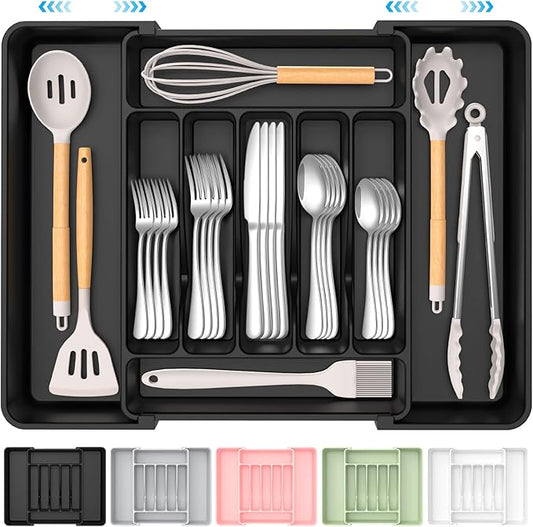 Extra Large Expandable Silverware Organizer, BPA-Free Food-Safe Cutlery Flatware Organizer, Kitchen Utensil Drawer Organizer, Adjustable Silverware Holder for Spoons Forks Knives, Black-NeatNest