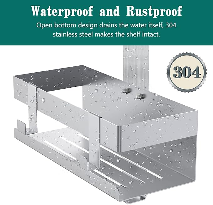 Over The Door Shower Caddy, 304 Stainless Steel Hanging Shower Caddy Rustproof Shower Shelves,No Drilling Hanging Shower Organizer for Bathroom Glass Door Up to 1.5cm,Basket: 23×10×10cm,Silver