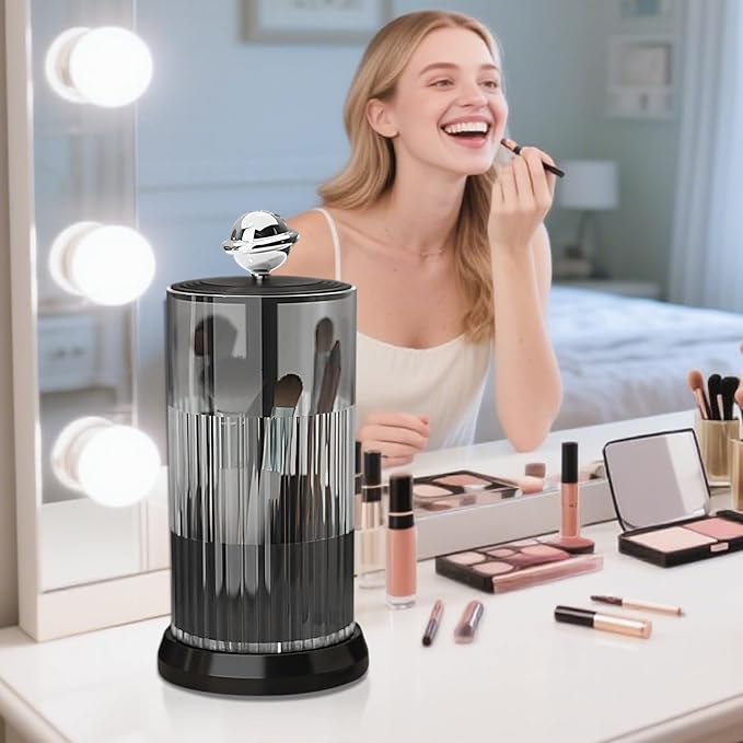 Makeup Brush Holder with Lid,One Touch Open 4 Slot Makeup Brush Case with Waterproof Dustproof, 360 Rotating Makeup Organizer for Vanity Desktop Counterto Bathroom (Black)-NeatNest