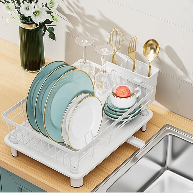 Small Dish Drying Rack, Space Saving Dish Racks for Kitchen Counter, Kitchen Organizer Dish Drainer with Cutlery Holder for Spoons and Forks, 11''W x 15''L, White