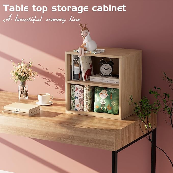 Garden 4 you Cube Storage Organizer Shelf, 2 Tiers Stackable Bookshelf, Wooden Display Bookcase with 2 Cube Storage, Small Storage Cabinet for Living Room Bedroom, Natural-NeatNest