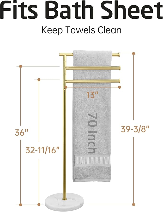 KES Brushed Gold 40-Inch Freestanding Towel Racks for Bathroom with Weighted Natural Marble Base, 3 Swivel Arms Bath Floor Free Standing Towel Racks, 18/8 Stainless Steel, BTH219-BZ