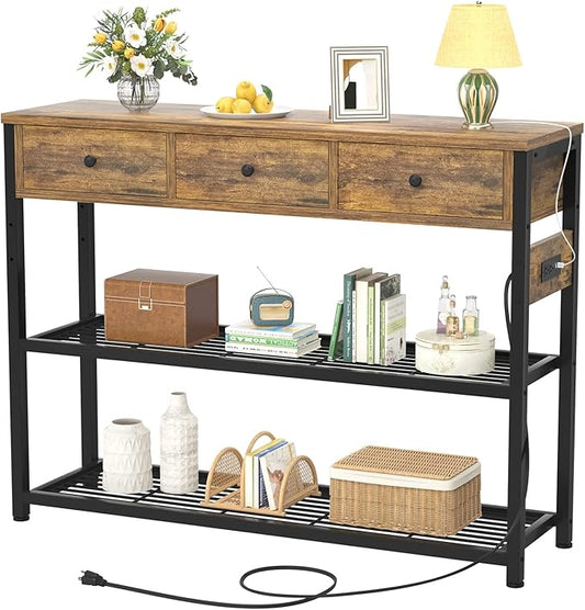 Ecoprsio 47'' Entryway Table with Outlets and USB Ports, Console Table with 3 Drawers, Sofa Table Narrow Long with Storage Shelves for Living Room, Couch, Hallway, Foyer, Kitchen Counter, Rustic Brown-NeatNest