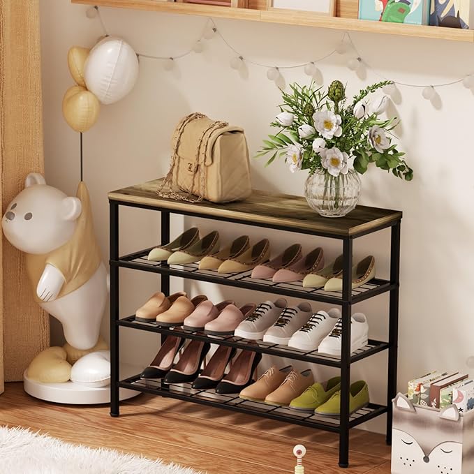 4-Tier Metal Shoe Rack with Wood Top - Durable & Space-Saving Shoe Organizer,Industrial Shoe Organizer Shelf Bench Storagefor Closet Entryway, Bedroom & Hallway - Gray + Black 28.5 W × 25.5" H-NeatNest