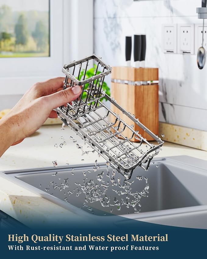 Consumest Sponge Holder for Kitchen Sink, Sink Caddy Organizer with Removable Drip Tray, Countertop Dish Soap Holder and Brush Holder, 304 Stainless Steel - Sand Nickel-NeatNest