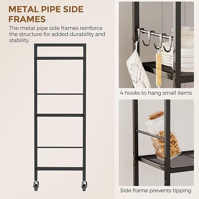 3-Tier Metal Storage Rack with Industrial Wheels,Mesh Shelving Unit with Wooden Table top,Adjustable Shelf,16.9-Inch Width,for Kitchen,Laundry,Pantry,Plant,Black