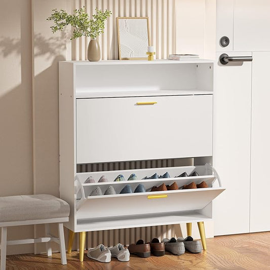 JOZZBY Shoe Cabinet for Entryway, White Narrow Shoe Storage Cabinet with 2 Flip Drawers, Freestanding Hidden Shoe Rack Storage with Open Shelves for Hallway, Living Room-NeatNest