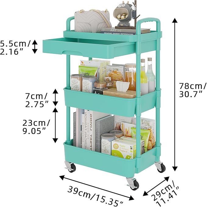 Calmootey 3-Tier Rolling Utility Cart with Drawer,Multifunctional Storage Organizer with Plastic Shelf & Metal Wheel,Storage Cart for Kitchen,Bathroom,Living Room,Office,Green-NeatNest