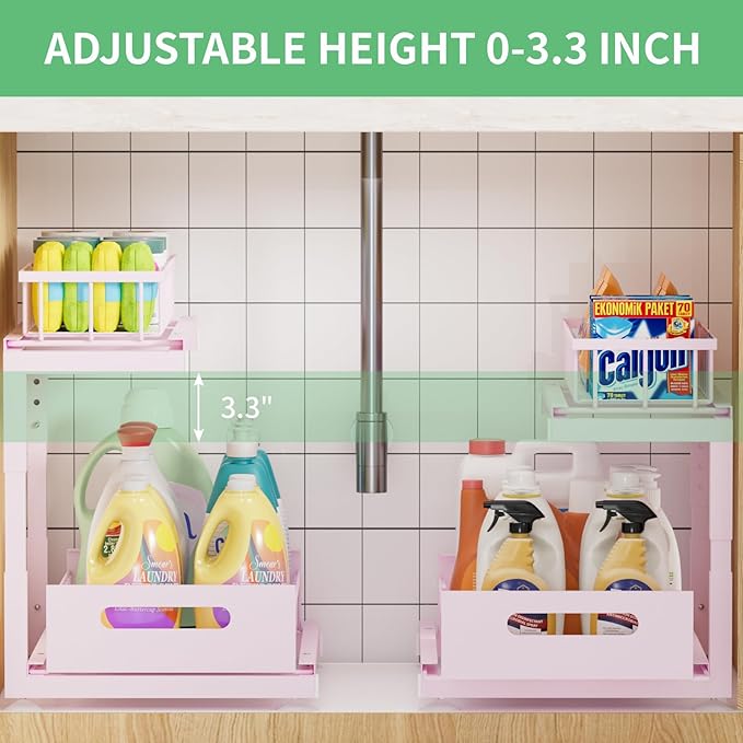 Under Sink Organizer Storage: Adjustable Height, 2 Tier L-Shaped Pull-Out Metal Shelf with Non-Slip Pads & Rust-Resistant Design Maximize Kitchen & Bathroom Cabinet Space-NeatNest